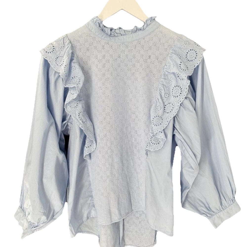 ENDLESS ROSE 100% Cotton Sz M Blouse Top Blue Eyelet Ruffle Long Sleeve Prairie